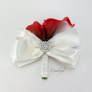 CHOOSE RIBBON COLOR - Dark Red Calla Lily Corsage, Dark Red Wedding, Bling, Rhinestone, Prom, Real Touch Calla Lily, Brooch, Diamond