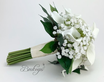 CHOOSE RIBBON COLOR - Real Touch Ivory Calla Lily and Baby’s Breath Bouquet, Bridesmaid, Flower Girl, Wedding Bouquet, Greenery