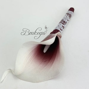 CHOOSE RIBBON COLOR - Picasso Burgundy Real Touch Calla Lily and Lace Boutonniere, Burgundy Calla Lily Boutonniere, White Lace, Buttonhole