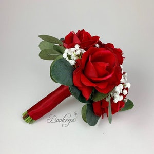 CHOOSE RIBBON COLOR - Rose and Babys Breath Bouquet, Red Rose and Babys Breath Bouquet, Red Rose Bouquet, Real Touch Bouquet, Bridal Bouquet