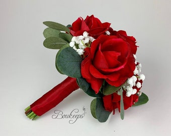 CHOOSE RIBBON COLOR - Rose and Babys Breath Bouquet, Red Rose and Babys Breath Bouquet, Red Rose Bouquet, Real Touch Bouquet, Bridal Bouquet