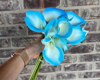 Choose your quantity - Malibu Blue Trim Real Touch Mini Calla Lilies