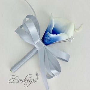 Choose Calla Lily & Ribbon Color - Picasso Royal Blue Calla Lily Corsage, Pin-On Corsage, Real Touch Calla Lily Corsage, Wedding Corsage