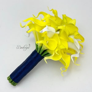 CHOOSE RIBBON COLOR - Yellow and White Calla Lily Bridal Bouquet, Yellow Bouquet, Yellow Real Touch Bouquet, Wedding Bouquet, Navy Blue
