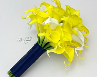 CHOOSE RIBBON COLOR - Yellow and White Calla Lily Bridal Bouquet, Yellow Bouquet, Yellow Real Touch Bouquet, Wedding Bouquet, Navy Blue