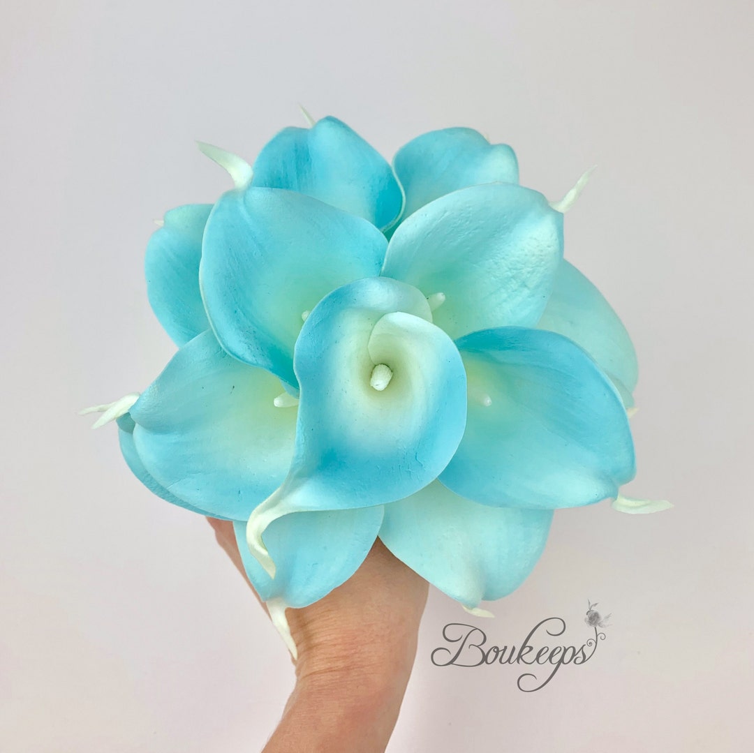 CHOOSE RIBBON COLOR Aqua Blue Calla Lily Bouquet Real Touch - Etsy