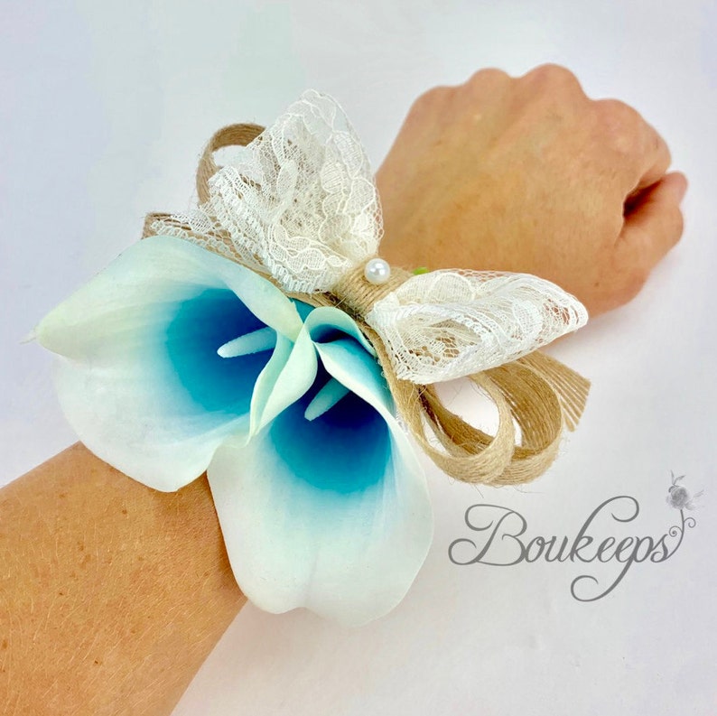 Pearl Real Touch Aqua Calla Lily Corsage Choose Calla Lily Color Picasso Light Blue Calla Lily Corsage with Burlap Wedding Lace
