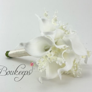 CHOOSE RIBBON COLOR - White Calla Lily with Lily of the Valley Bouquet, Ivory Calla Lily Bouquet, Real Touch Calla Lily Bouquet, Wedding