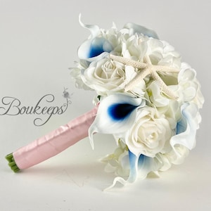 Choose Calla Lily & Ribbon Color - Hydrangea, Calla Lily, Rose and Starfish Bridal Bouquet, Royal Blue, White, Ivory Bouquet, Wedding, Bride