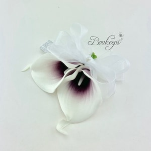 CHOOSE RIBBON COLOR - Picasso Purple Calla Lily Corsage, Purple and White Corsage, Picasso Purple Corsage, Wedding, Prom, White and Purple