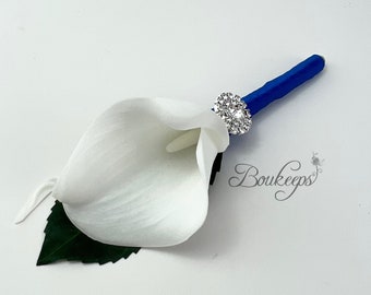 CHOOSE RIBBON COLOR - White Ivory Calla Lily Boutonniere, Greenery, Brooch, Real Touch Calla Lily Boutonniere, Groom, Bling, Leaf, White