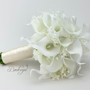 CHOOSE SIZE and Ribbon Color - White Calla Lily and Lily of the Valley Bouquet, Calla Lily Bridal Bouquet, Real Touch Bouquet, Ivory Wedding