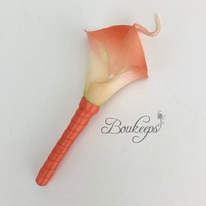 CHOOSE RIBBON COLOR - Orange Coral Boutonniere, Orange Coral Calla Lily Boutonniere, Coral Wedding, Groom, Groomsman, Coral Boutonniere