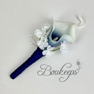 Choose Calla Lily & Ribbon Color - Navy Blue Calla Lily Boutonniere, Calla Lily and Baby's Breath Boutonniere, Blue Calla, Wedding, Picasso