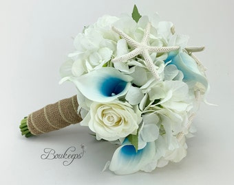 Choose Calla Lily & Ribbon Color - Hydrangea, Calla Lily, Rose and Starfish Bridal Bouquet, Aqua, White, Ivory Bouquet, Real Touch, Wedding