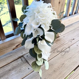 Choose Calla Lily & Ribbon Color - Cascading White Ivory Bridal Bouquet, White Ivory Calla Lily Bouquet, Cascade Bouquet, Eucalyptus