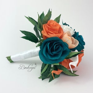 CHOOSE RIBBON COLOR - Teal, Orange and White Bridesmaid Bouquet, Teal, Orange, White Calla Lily, Rose, Tulip, Real Touch, Wedding, Bride