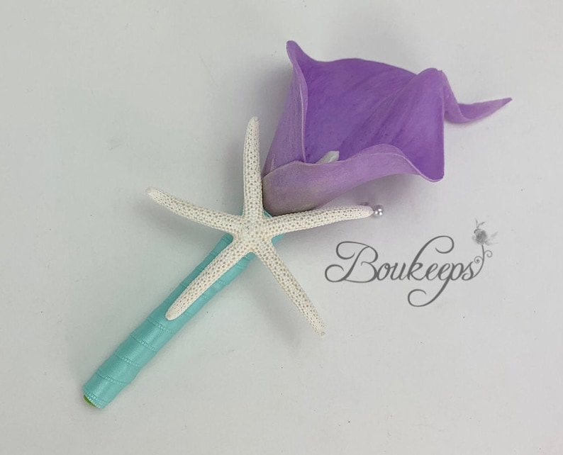 Beach Wedding,Destination Wedding CHOOSE RIBBON COLOR Bright Lavender Calla Lily Boutonniere Starfish Starfish Boutonniere