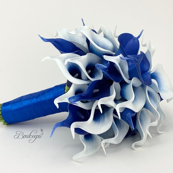 CHOISISSEZ LA COULEUR DU RUBAN - Royal Blue Bridal Bouquet, Royal Blue Bouquet, Real Touch Royal Blue Calla Lily Bouquet, Royal Blue, Bouquet de mariée