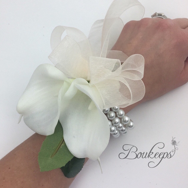 CHOOSE RIBBON COLOR - White Calla Lily Corsage, Ivory Calla Lily Corsage, White Corsage, Ivory Corsage, Real Touch, Wedding, Prom, Pearl