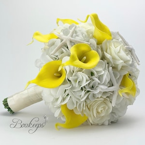 Choose Calla Lily & Ribbon Color - Hydrangea, Calla Lily, Rose and Starfish Bridal Bouquet, Yellow, White, Ivory Bouquet, Wedding