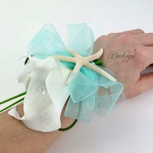 CHOOSE RIBBON COLOR - White Calla Lily Corsage with Starfish, White Ivory Corsage, Wedding, Prom, Beach Wedding, Destination Wedding