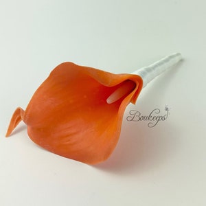 CHOOSE RIBBON COLOR - Calla Lily Boutonniere, Orange Calla Lily Boutonniere, Real Touch Boutonniere, Groom, Groomsmen, Wedding, Prom, Twine
