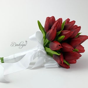 CHOOSE RIBBON COLOR - Apple Red Tulip Bouquet, Real Touch Red Tulip Bouquet, Red Tulip Bouquet, Bridal Bouquet, Bridesmaid, Wedding