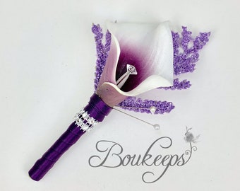 CHOOSE RIBBON COLOR - Calla Lily Boutonniere, Purple Calla Lily Boutonniere with Rhinestones, Bling, Statice, Lavender, Groom, Wedding