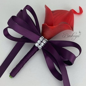 Choose Calla Lily & Ribbon Color - Dark Red Calla Lily Corsage, Pin Corsage, Real Touch Corsage, Wedding, Bling, Rhinestone