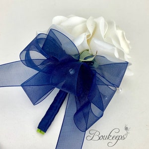 CHOOSE RIBBON COLOR - White Rose Corsage, White Corsage, Pin Corsage, Real Touch, Wedding, Prom, Pearl, White & Navy Blue, Buttonhole