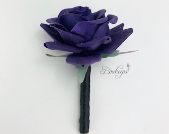 CHOOSE RIBBON COLOR - Purple Rose Boutonniere, Rose Boutonniere, Groom, Real Touch, Buttonhole, Wedding, Royal Purple, Regal Purple