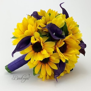 Choose Calla Lily & Ribbon Color—Sunflower Bouquet, Sunflower and Calla Lily Bouquet, Bridal Bouquet, Sunflower Wedding, Royal Purple