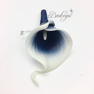 CHOOSE RIBBON COLOR Real Touch Navy Blue Calla Lily Boutonniere, Calla Lily Boutonniere, Navy Blue Calla Lily Boutonniere, Groom, Wedding image 3