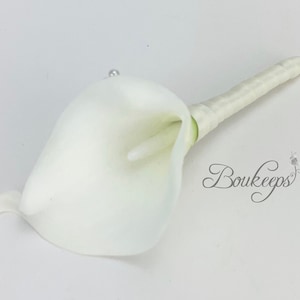 CHOOSE RIBBON COLOR Ivory Calla Lily Boutonniere, Real Touch Calla Lily Boutonniere, Ivory Calla Lily, Calla Lily Boutonniere, Groom image 1