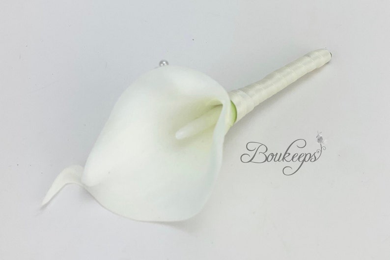 CHOOSE RIBBON COLOR Ivory Calla Lily Boutonniere, Real Touch Calla Lily Boutonniere, Ivory Calla Lily, Calla Lily Boutonniere, Groom image 1