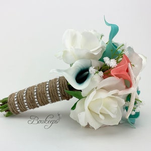 CHOOSE RIBBON COLOR - Coral, Teal, Robin’s Egg Blue, and White Calla Lily, Rose Bouquet, Bridal Bouquet, Babys Breath, Starfish