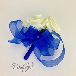 CHOOSE RIBBON COLOR - White Rose Corsage, Ivory Rose Corsage, White Corsage, Ivory Corsage, Real Touch, Wedding, Prom, Pearl, Royal Blue