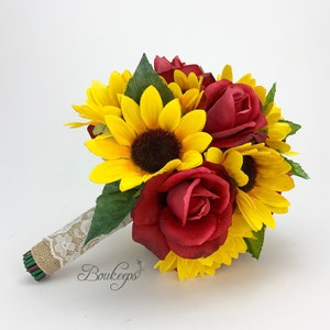 CHOOSE RIBBON COLOR - Sunflower and Red Rose Bouquet, Sunflower Bridesmaid / Bridal Bouquet, Sunflower Bridal Bouquet, Sunflower Wedding
