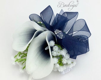 CHOOSE RIBBON COLOR - Navy Blue Calla Lily Corsage, Picasso Navy Blue Corsage, Navy Blue Wedding, Babys Breath, Rhinestone, Bling