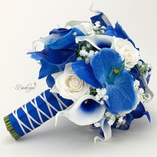 CHOOSE RIBBON COLOR Royal Blue and White Calla Lily and Rose | Etsy