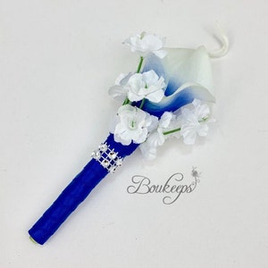 Choose Calla Lily & Ribbon Color - Royal Blue Calla Lily Boutonniere, Calla Lily and Baby's Breath Boutonniere, Wedding, Bling, Rhinestone