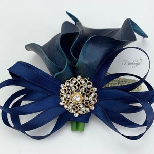 CHOOSE RIBBON COLOR - Navy Blue and Gold Calla Lily Corsage, Navy Calla Lily Corsage, Real Touch Calla Lily, Corsage, Lily Wrist Corsage