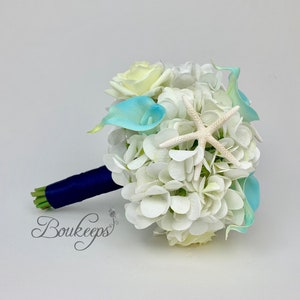Choose Calla Lily & Ribbon Color - Hydrangea, Calla Lily, Rose and Starfish Bridal Bouquet, Aqua, White, Ivory Bouquet, Real Touch, Wedding