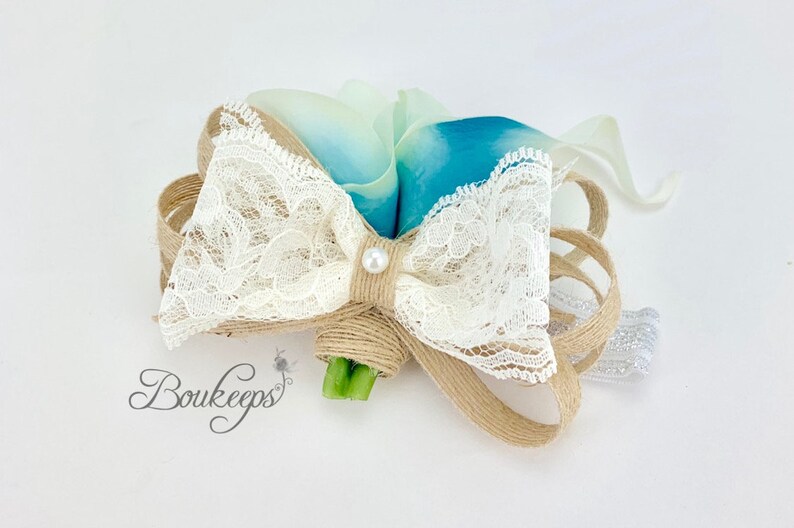 Pearl Real Touch Aqua Calla Lily Corsage Choose Calla Lily Color Picasso Light Blue Calla Lily Corsage with Burlap Wedding Lace