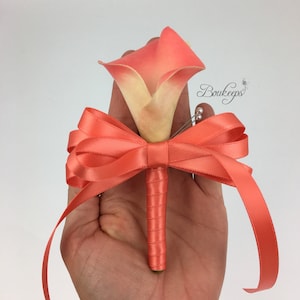 Choose Calla Lily & Ribbon Color - Pink Coral Calla Lily Corsage, Pin-On Corsage, Real Touch Coral Calla Lily Corsage, Wedding Corsage