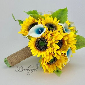 Choose Calla Lily & Ribbon Color - Sunflower Bouquet, Sunflower and Calla Lily Bouquet, Bridal Bouquet, Sunflower Wedding, Picasso Aqua