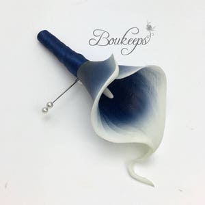 CHOOSE RIBBON COLOR Real Touch Navy Blue Calla Lily Boutonniere, Calla Lily Boutonniere, Navy Blue Calla Lily Boutonniere, Groom, Wedding image 2