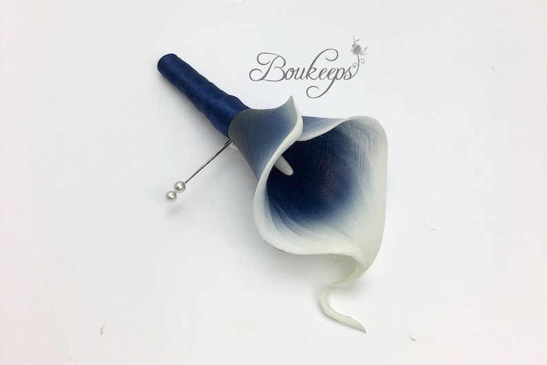 CHOOSE RIBBON COLOR Real Touch Navy Blue Calla Lily Boutonniere, Calla Lily Boutonniere, Navy Blue Calla Lily Boutonniere, Groom, Wedding image 2