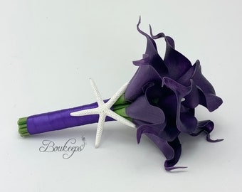 CHOOSE RIBBON COLOR - Royal Purple Calla Lily Bouquet with Starfish, Regal Purple Real Touch Calla Lily Bouquet, Purple Bridal Bouquet